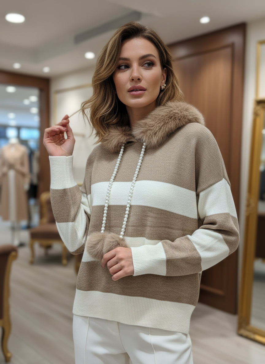 pull chaine pompon et fourrure capuche amovible