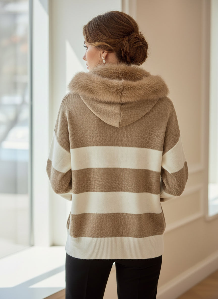 pull chaine pompon et fourrure capuche amovible