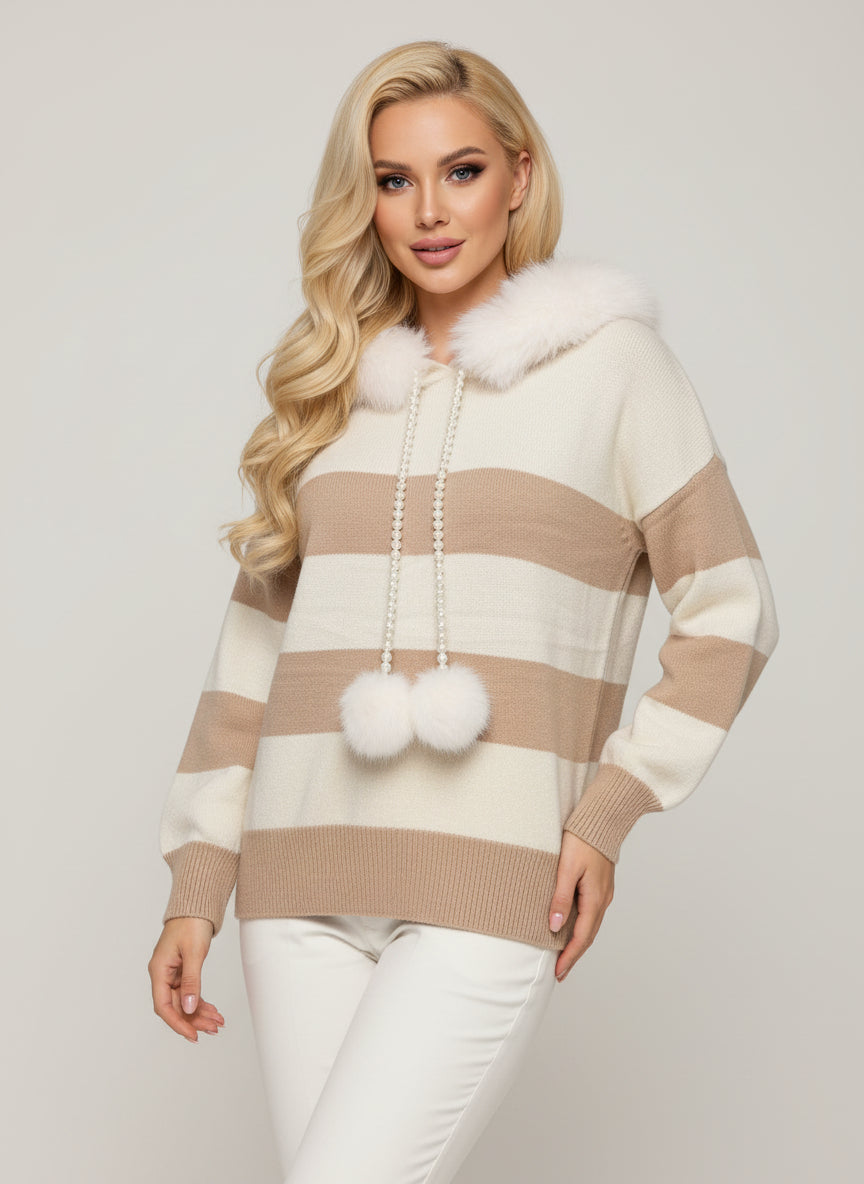 pull chaine pompon et fourrure capuche amovible