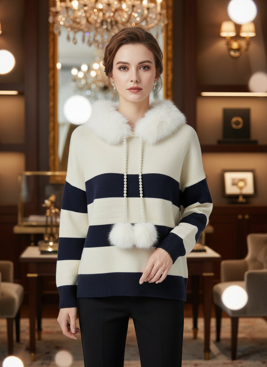pull chaine pompon et fourrure capuche amovible