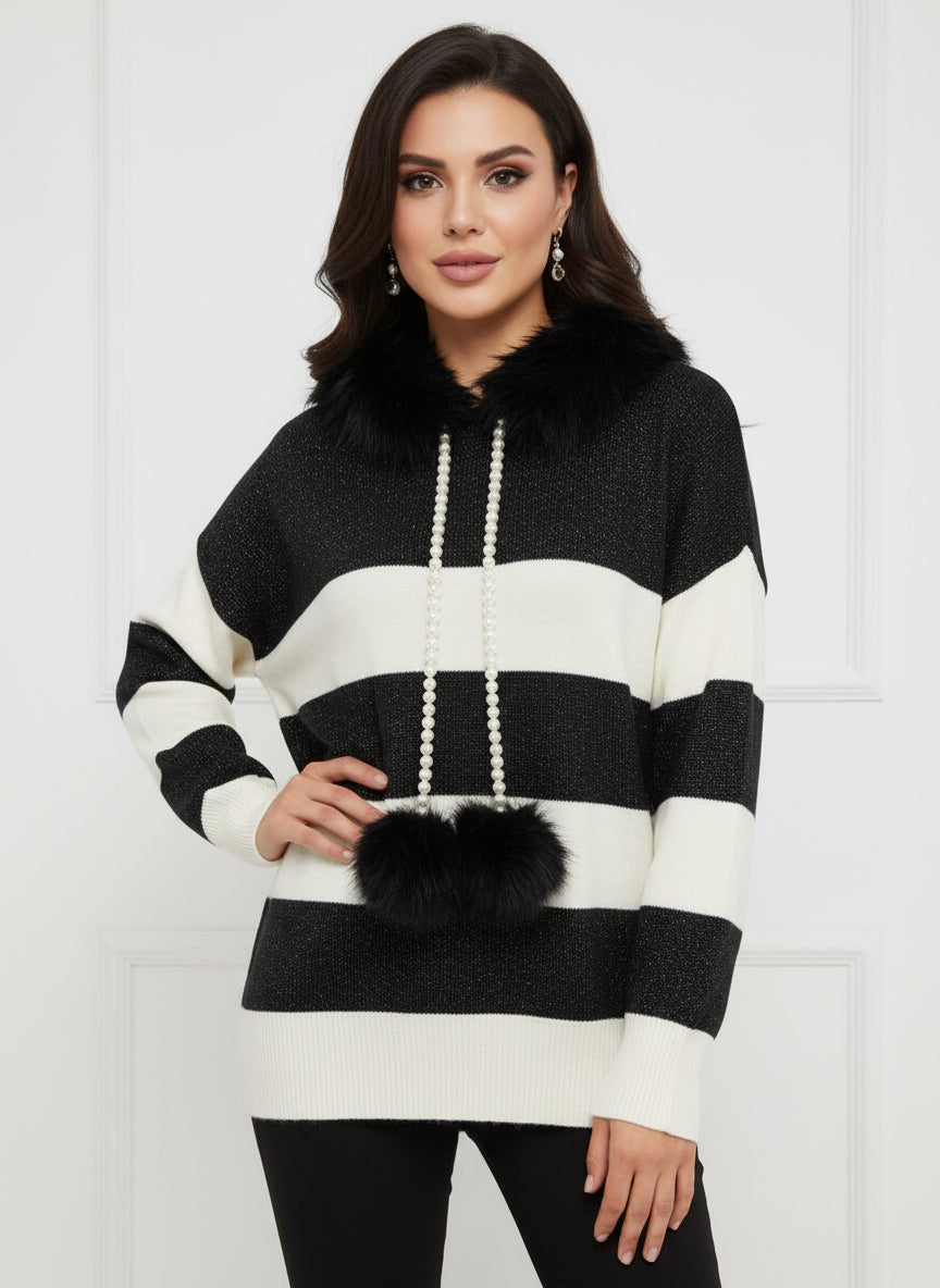 pull chaine pompon et fourrure capuche amovible