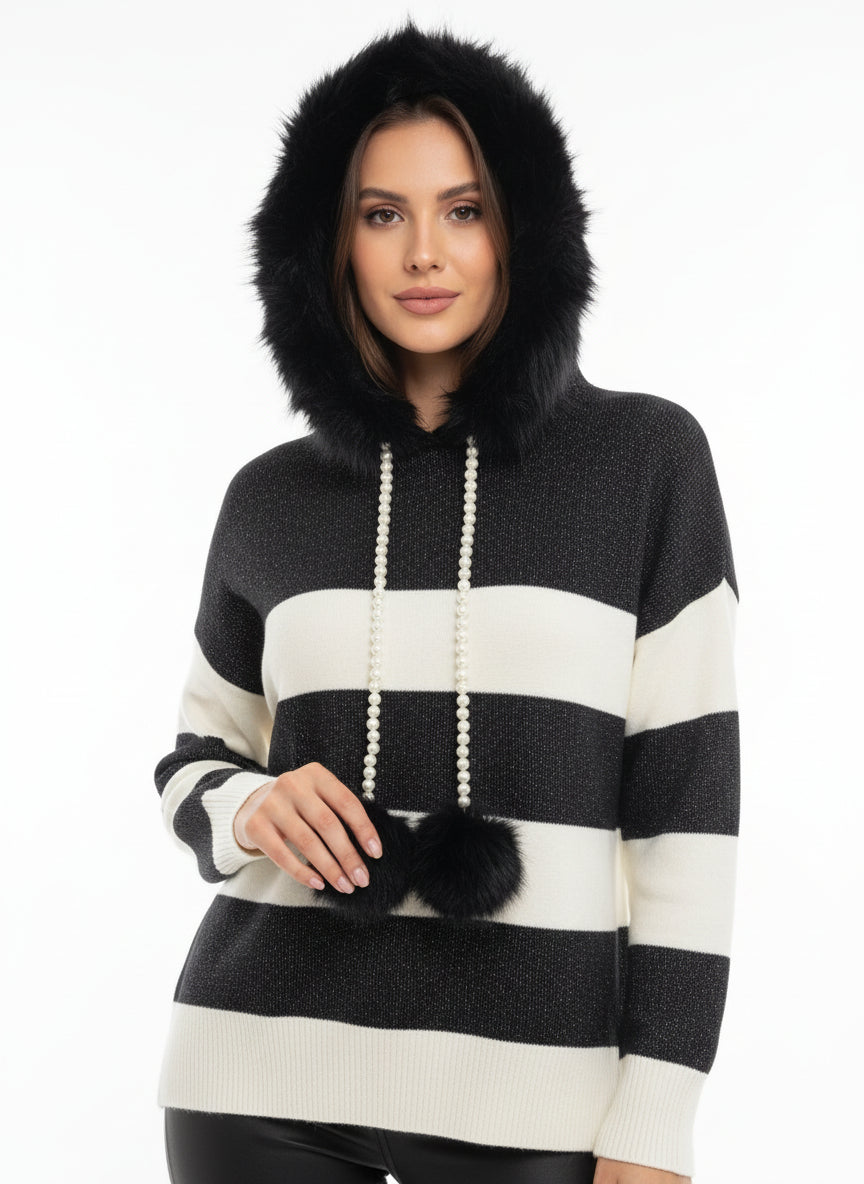 pull chaine pompon et fourrure capuche amovible